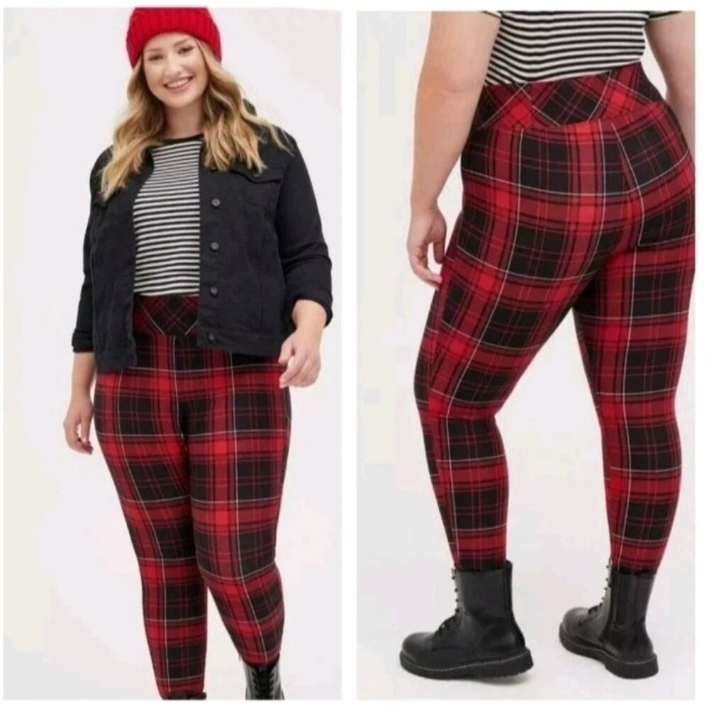 Torrid Women’s 1R Red Black Buffalo Plaid Pixie Leggings Pants Stretch Size 14